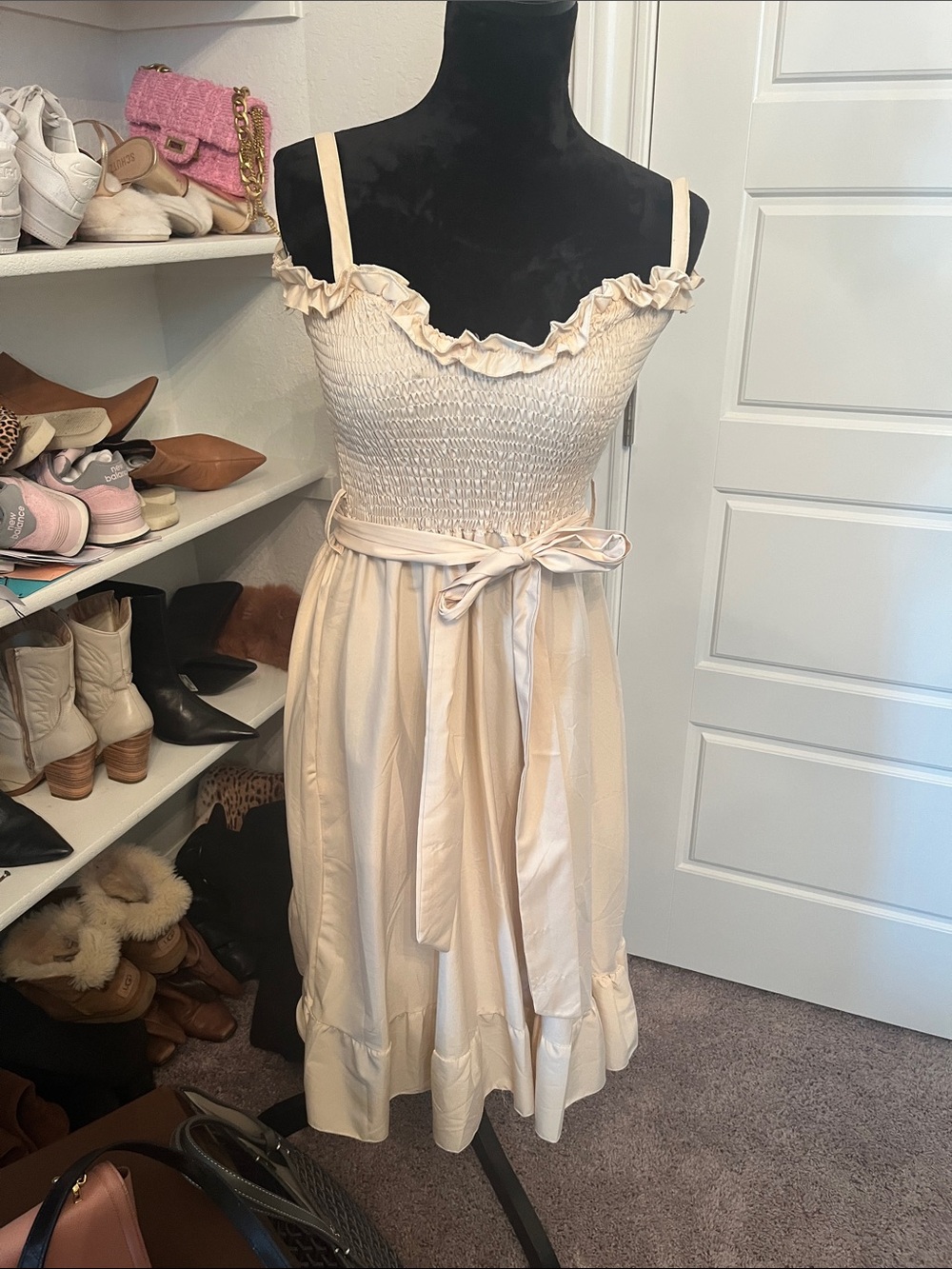 Cream Ruffled Smocked Sundress with Waist Tie silk